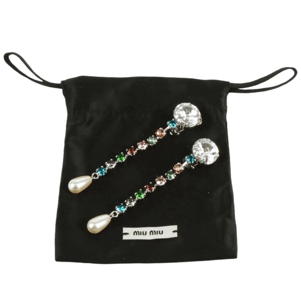 Authentic Miu Miu Rhinestone Crystal Pearl Long Drop Earrings 600$